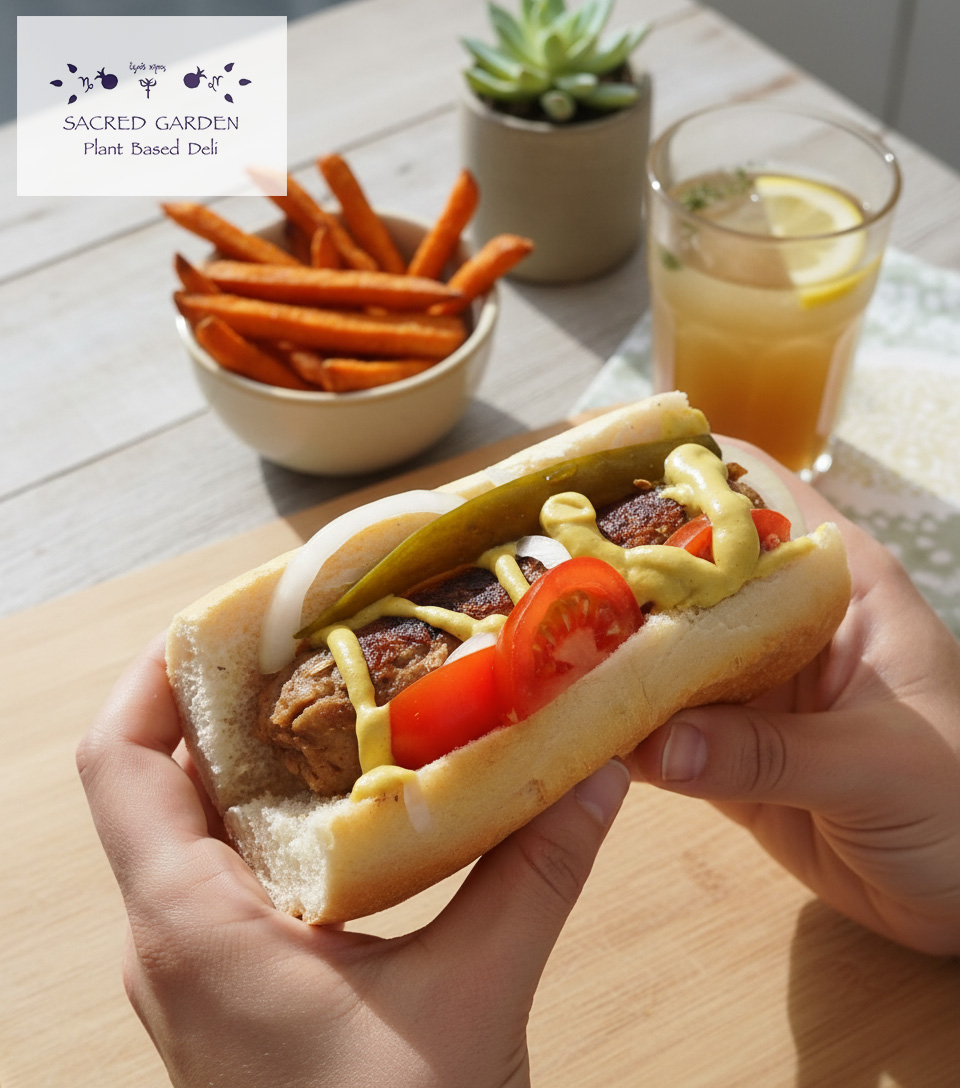 Vegan hot dog at Sacred Garden